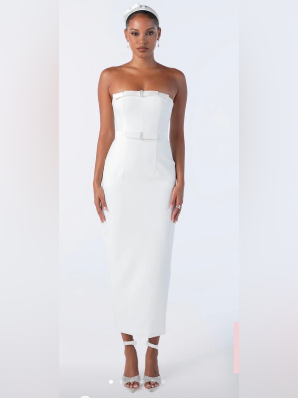 Nana Jacqueline Strapless White Midi Dress with Bow Accents